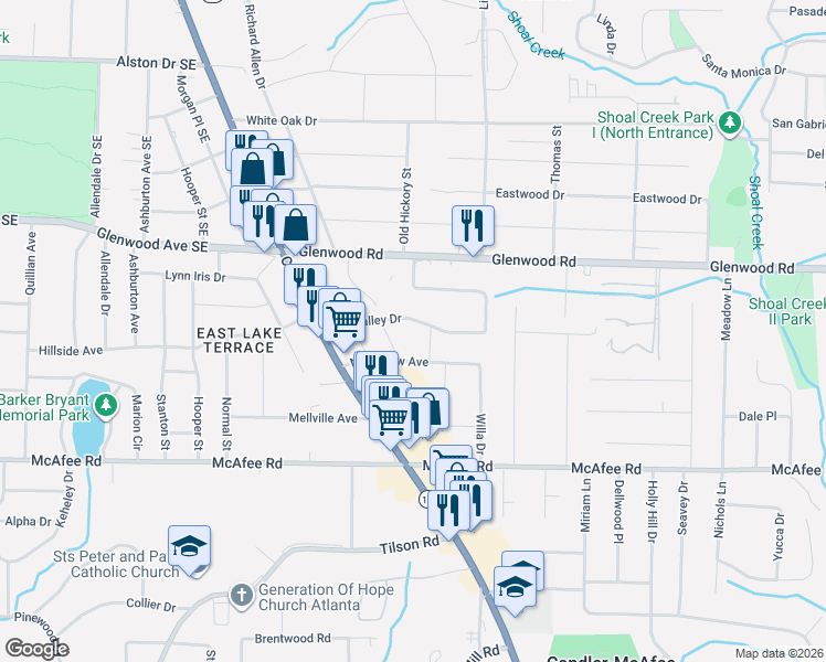 map of restaurants, bars, coffee shops, grocery stores, and more near 2605 Glenvalley Drive in Decatur