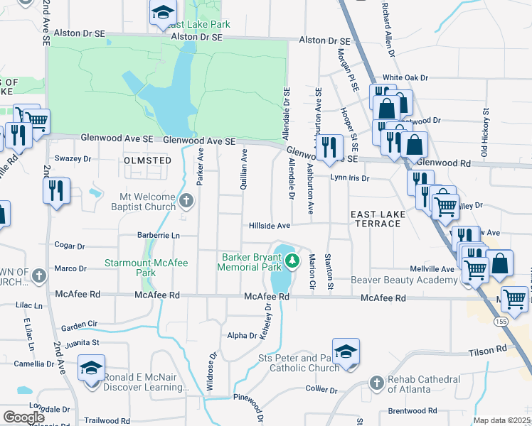 map of restaurants, bars, coffee shops, grocery stores, and more near 576 Quillian Avenue in Decatur