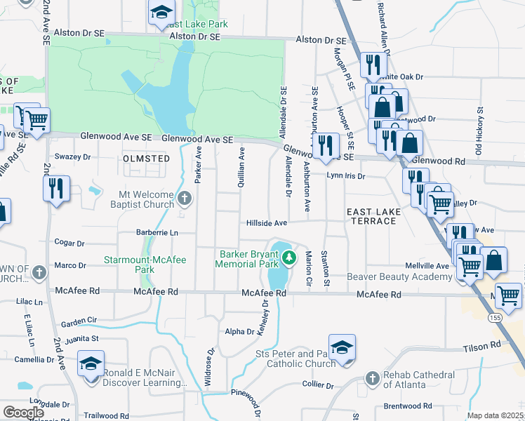 map of restaurants, bars, coffee shops, grocery stores, and more near 576 Quillian Avenue in Decatur