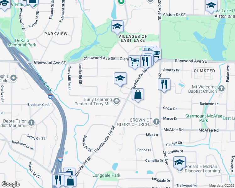 map of restaurants, bars, coffee shops, grocery stores, and more near 1826 Terry Mill Road Southeast in Atlanta