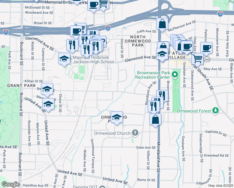 map of restaurants, bars, coffee shops, grocery stores, and more near 987 Berne Street Southeast in Atlanta