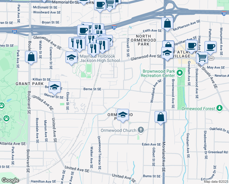 map of restaurants, bars, coffee shops, grocery stores, and more near 959 Berne Street Southeast in Atlanta