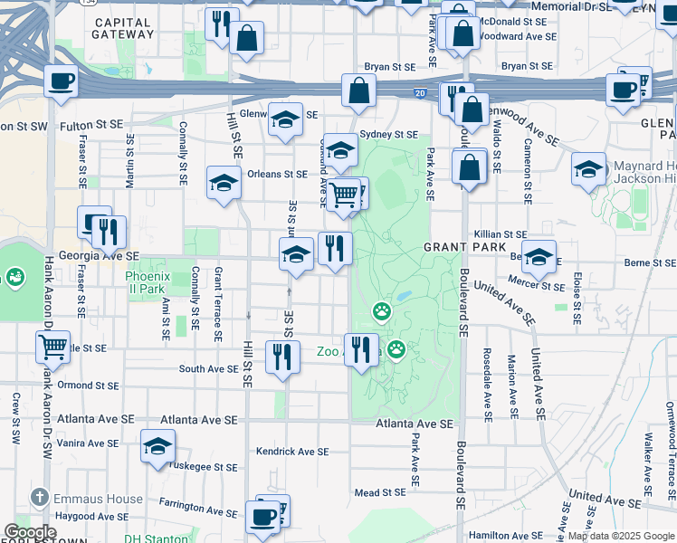map of restaurants, bars, coffee shops, grocery stores, and more near 423 Georgia Avenue Southeast in Atlanta