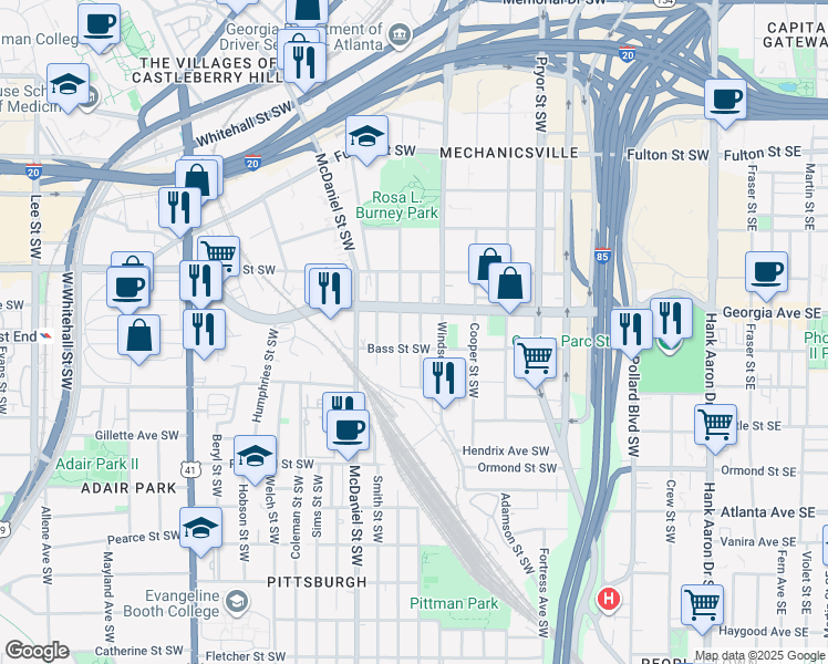 map of restaurants, bars, coffee shops, grocery stores, and more near 678 Garibaldi Street Southwest in Atlanta