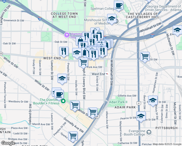 map of restaurants, bars, coffee shops, grocery stores, and more near 894 York Avenue Southwest in Atlanta