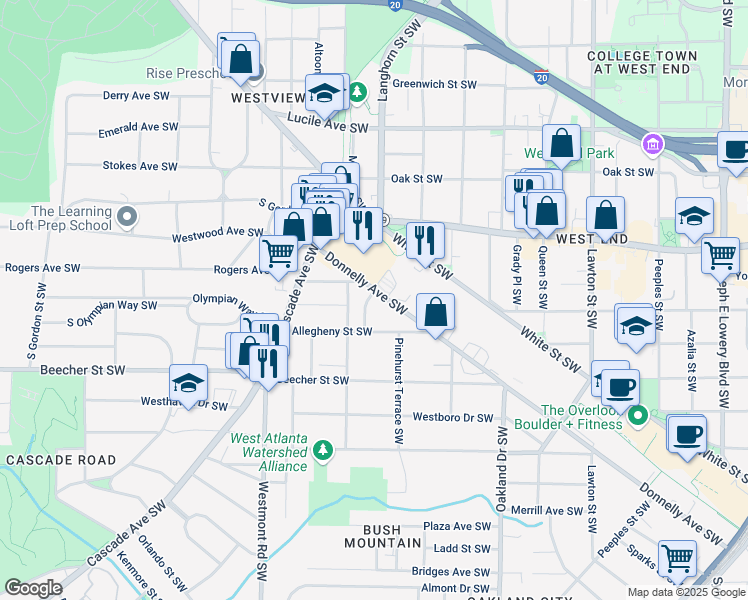 map of restaurants, bars, coffee shops, grocery stores, and more near 1400 Donnelly Avenue Southwest in Atlanta