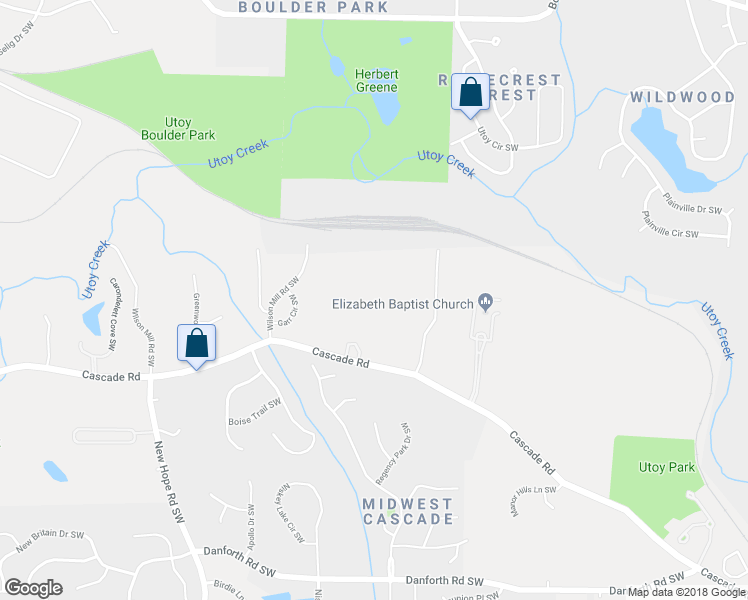 map of restaurants, bars, coffee shops, grocery stores, and more near 4355 Cascade Road Southwest in Atlanta