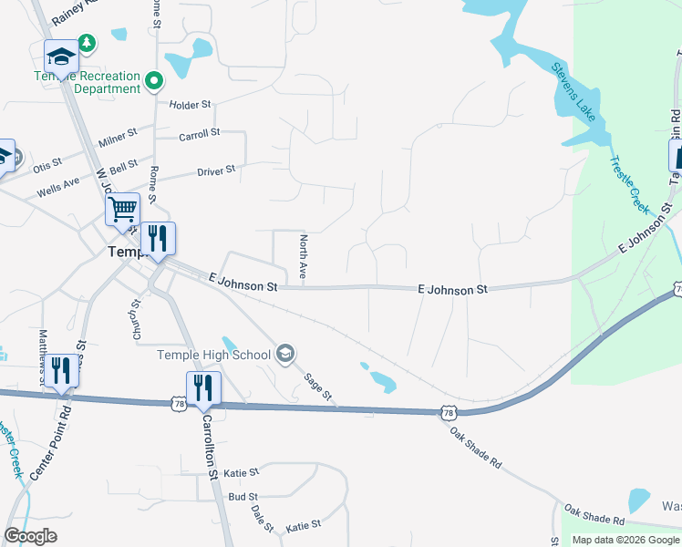 map of restaurants, bars, coffee shops, grocery stores, and more near 278 East Johnson Street in Temple