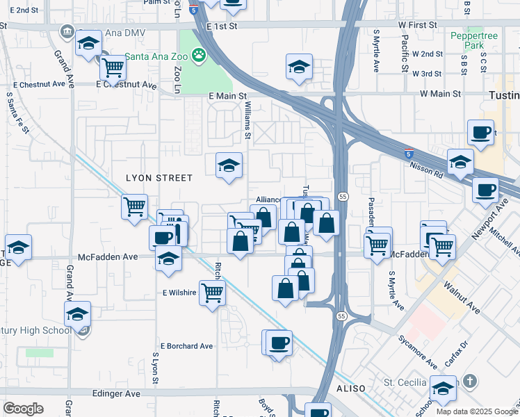 map of restaurants, bars, coffee shops, grocery stores, and more near 15652 Williams Street in Tustin