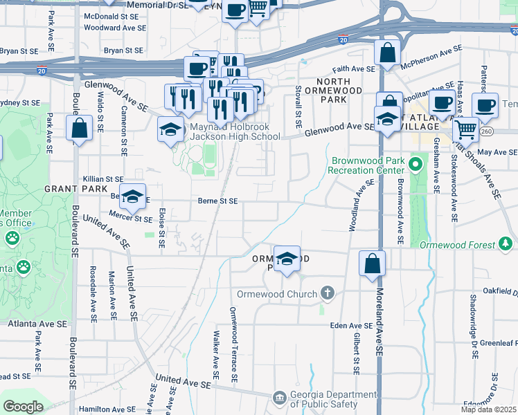 map of restaurants, bars, coffee shops, grocery stores, and more near 935 Berne Street Southeast in Atlanta