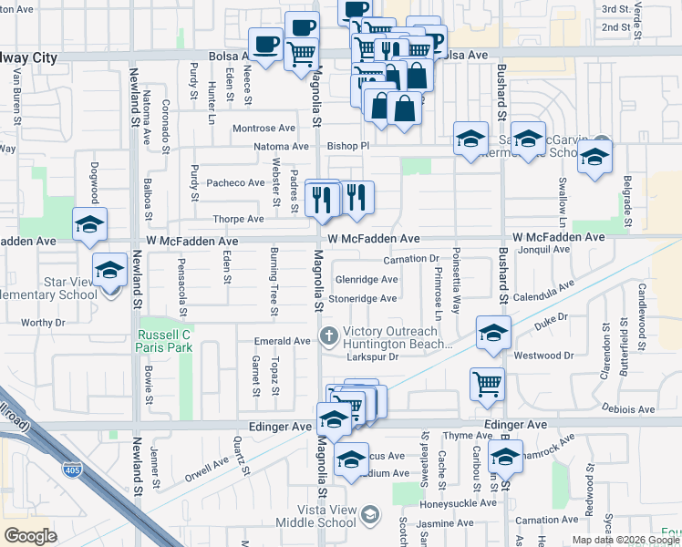 map of restaurants, bars, coffee shops, grocery stores, and more near 9051 Glenridge Avenue in Westminster