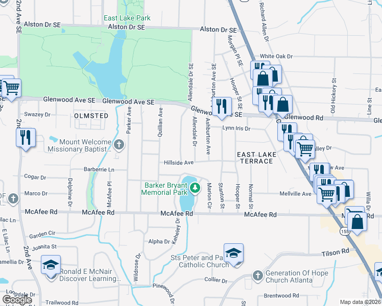 map of restaurants, bars, coffee shops, grocery stores, and more near 535 Allendale Drive in Decatur