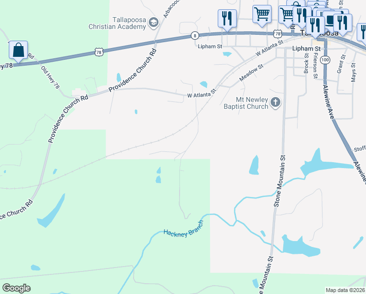 map of restaurants, bars, coffee shops, grocery stores, and more near 161 South Kelley Street in Tallapoosa