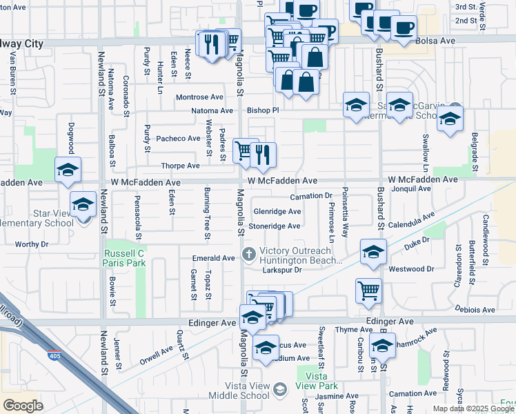 map of restaurants, bars, coffee shops, grocery stores, and more near 9051 Glenridge Avenue in Westminster