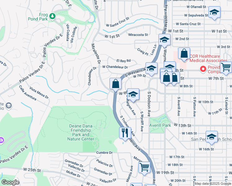 map of restaurants, bars, coffee shops, grocery stores, and more near S Western Ave & W 9th St in Los Angeles
