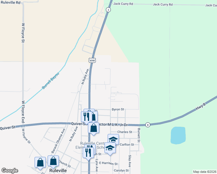 map of restaurants, bars, coffee shops, grocery stores, and more near 339-403 Juniper Lane in Ruleville