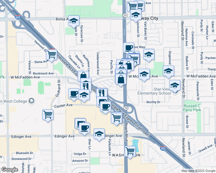 map of restaurants, bars, coffee shops, grocery stores, and more near 15621 Beach Boulevard in Westminster