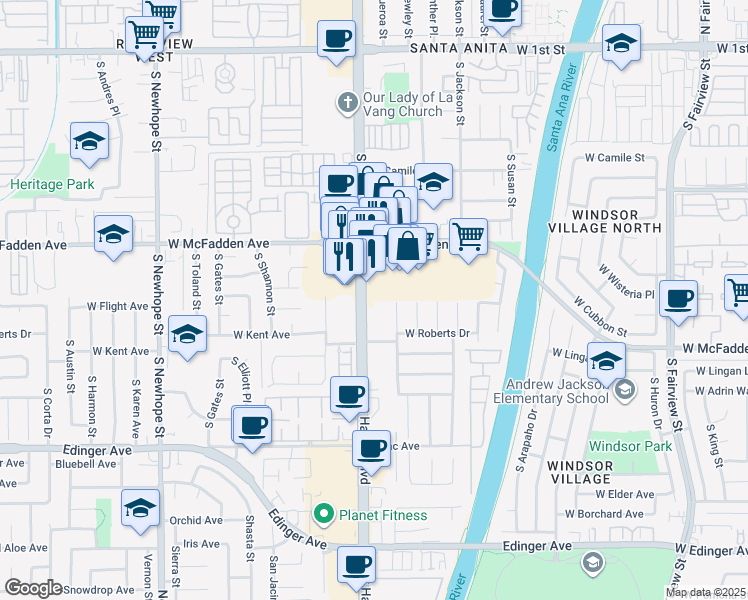 map of restaurants, bars, coffee shops, grocery stores, and more near 801 South Harbor Boulevard in Santa Ana