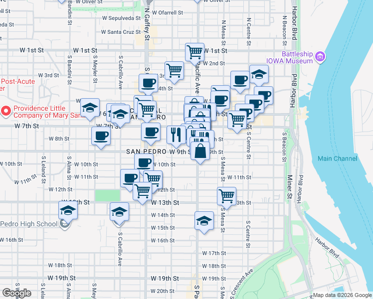 map of restaurants, bars, coffee shops, grocery stores, and more near 525 West 8th Street in Los Angeles