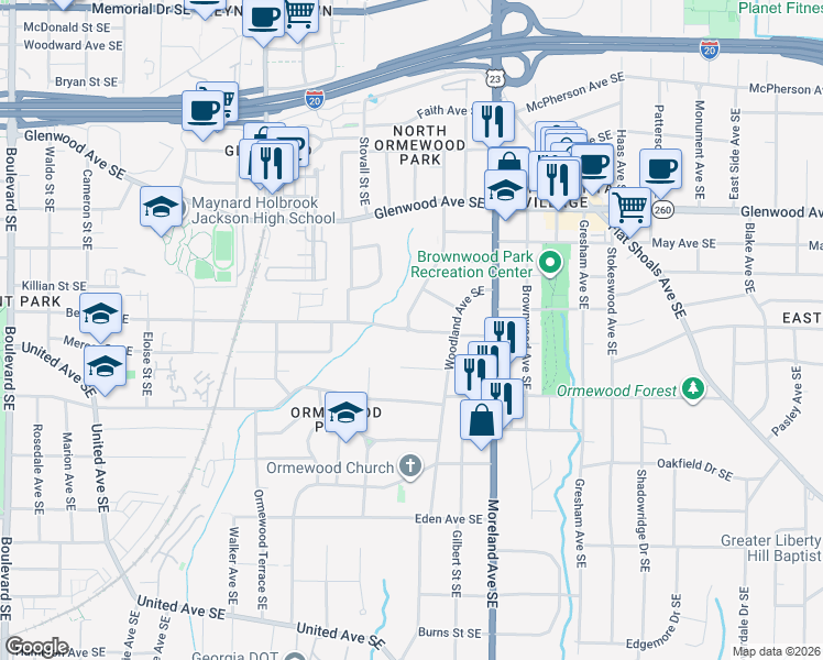 map of restaurants, bars, coffee shops, grocery stores, and more near 1063 Berne Street Southeast in Atlanta