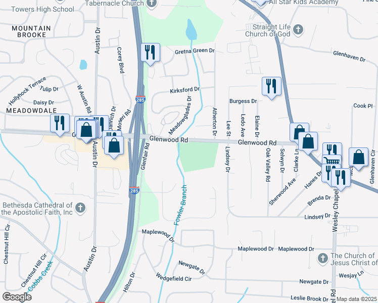 map of restaurants, bars, coffee shops, grocery stores, and more near 4685R Glenwood Road in Decatur