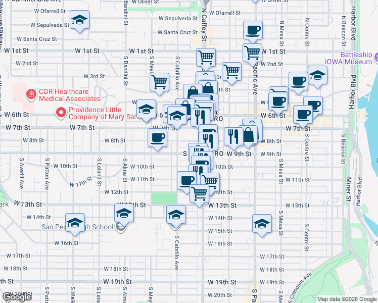 map of restaurants, bars, coffee shops, grocery stores, and more near 750 West 9th Street in Los Angeles