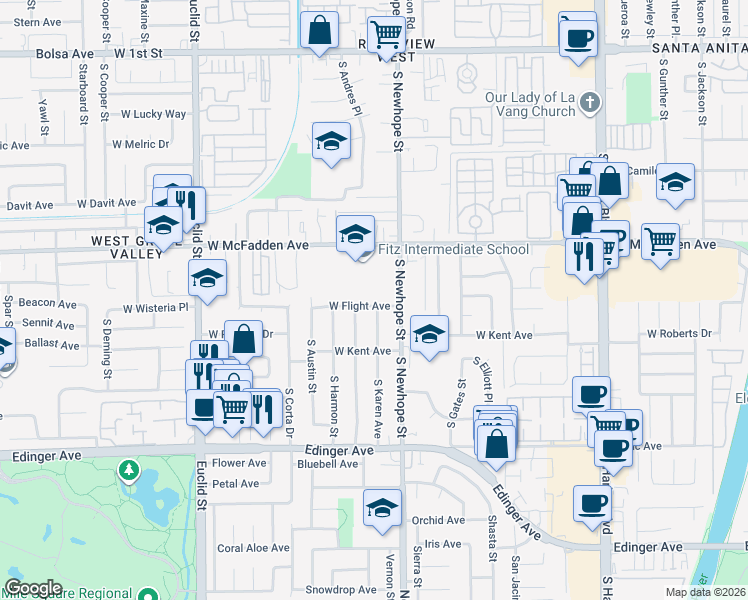 map of restaurants, bars, coffee shops, grocery stores, and more near 4529 West Flight Avenue in Santa Ana