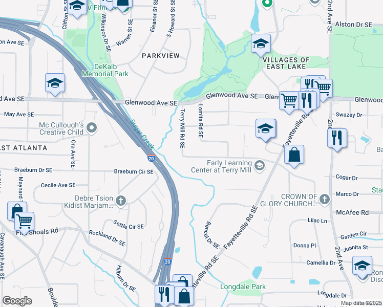 map of restaurants, bars, coffee shops, grocery stores, and more near 1686 Terry Mill Road Southeast in Atlanta
