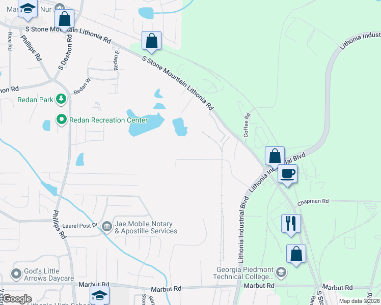 map of restaurants, bars, coffee shops, grocery stores, and more near 6574 Marshall Boulevard in Lithonia