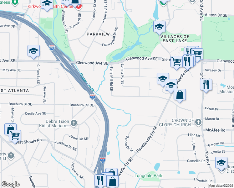 map of restaurants, bars, coffee shops, grocery stores, and more near 1692 Terry Mill Road Southeast in Atlanta