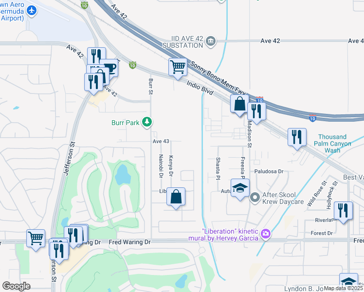 map of restaurants, bars, coffee shops, grocery stores, and more near 80665 Avenue 43 in Indio