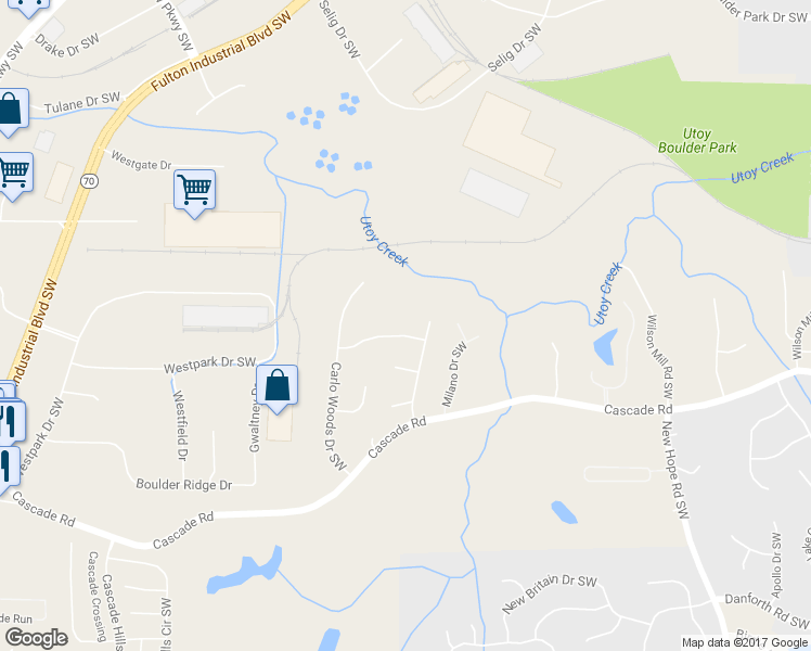 map of restaurants, bars, coffee shops, grocery stores, and more near 1125 Carlo Terrace Southwest in Atlanta