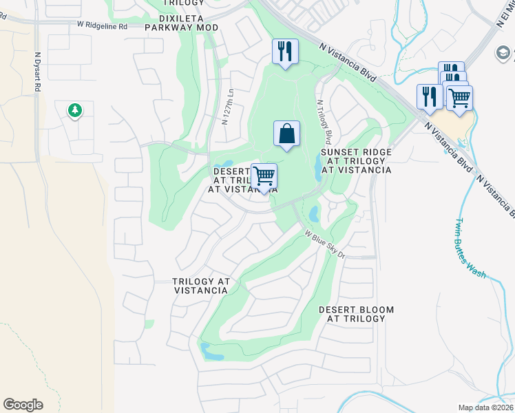 map of restaurants, bars, coffee shops, grocery stores, and more near 12915 West Yellow Bird Lane in Peoria