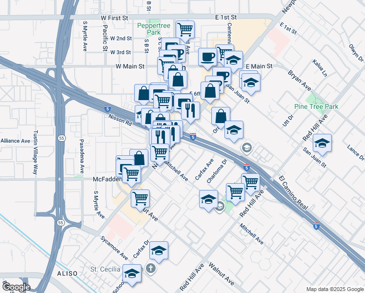 map of restaurants, bars, coffee shops, grocery stores, and more near 1041 Walter Avenue in Tustin