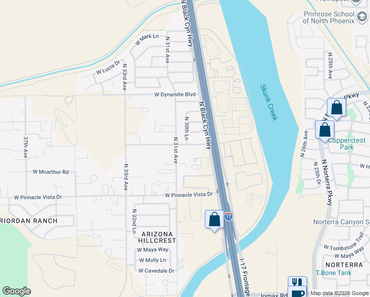 map of restaurants, bars, coffee shops, grocery stores, and more near 3031 West Oberlin Way in Phoenix
