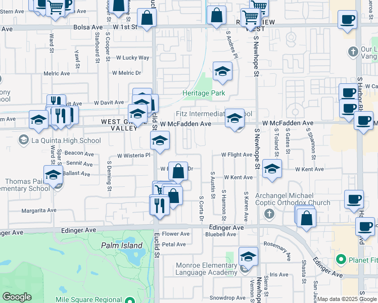 map of restaurants, bars, coffee shops, grocery stores, and more near 4921 West Flight Avenue in Santa Ana
