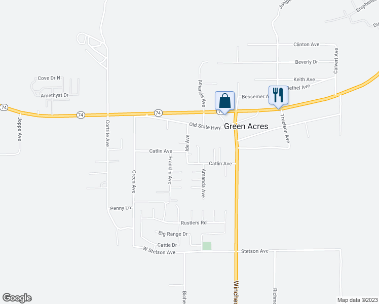 map of restaurants, bars, coffee shops, grocery stores, and more near 26524 Ide Avenue in Hemet