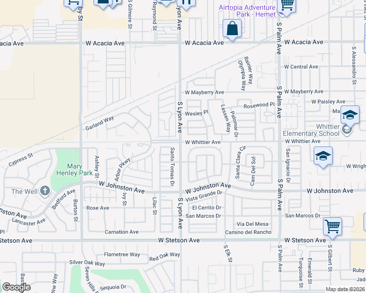 map of restaurants, bars, coffee shops, grocery stores, and more near 1700 Santiago Way in Hemet