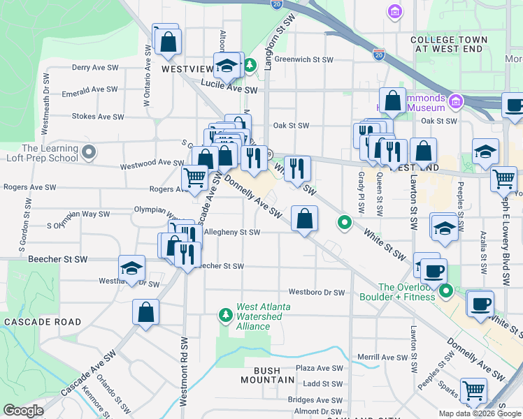 map of restaurants, bars, coffee shops, grocery stores, and more near 1400 Donnelly Avenue Southwest in Atlanta