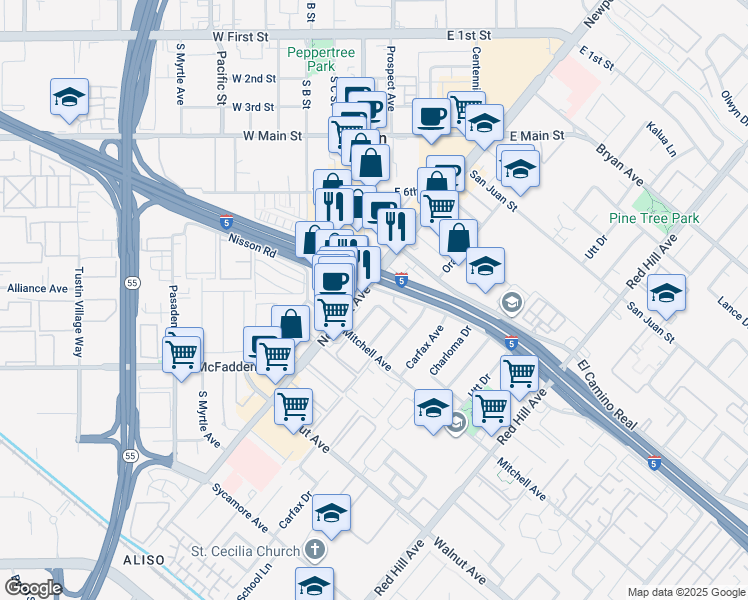 map of restaurants, bars, coffee shops, grocery stores, and more near 1041 Walter Avenue in Tustin