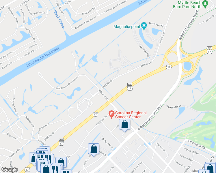 map of restaurants, bars, coffee shops, grocery stores, and more near 4801 Wild Iris Drive in Myrtle Beach