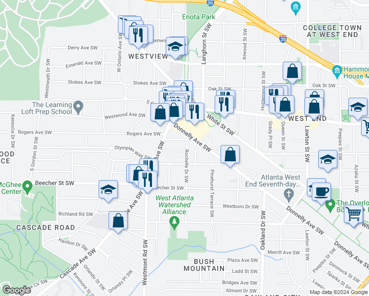 map of restaurants, bars, coffee shops, grocery stores, and more near 1417 Copeland Avenue Southwest in Atlanta
