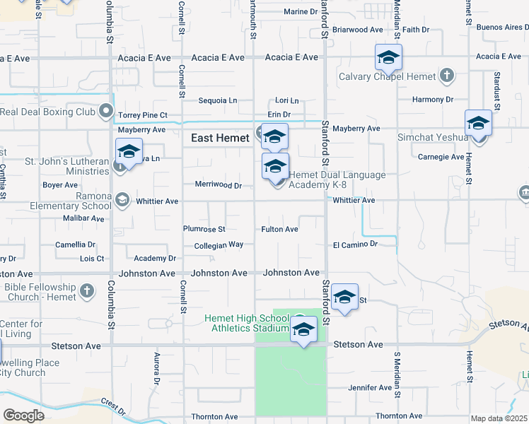 map of restaurants, bars, coffee shops, grocery stores, and more near 26541 Vassar Street in Hemet