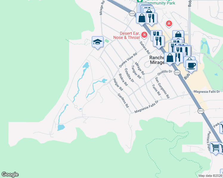 map of restaurants, bars, coffee shops, grocery stores, and more near 71371 Dunes View Road in Rancho Mirage