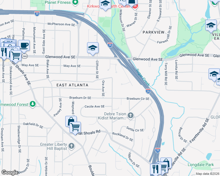 map of restaurants, bars, coffee shops, grocery stores, and more near 653 Clifton Road Southeast in Atlanta