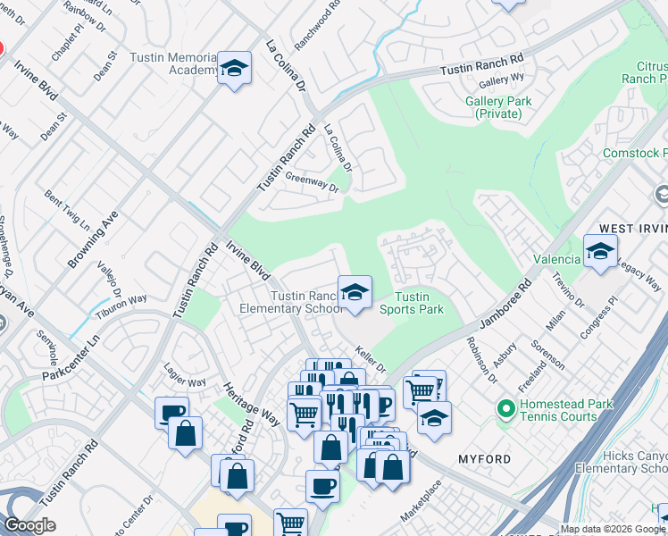 map of restaurants, bars, coffee shops, grocery stores, and more near 12834 Maxwell Drive in Tustin