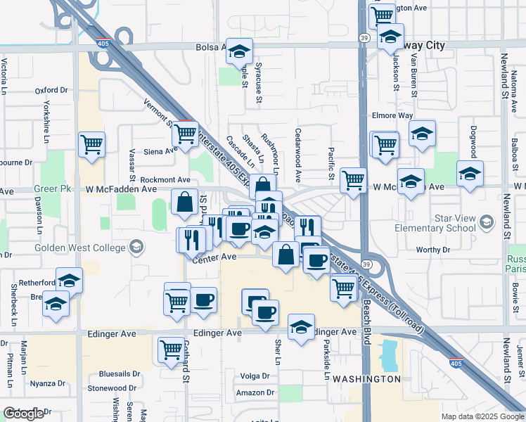 map of restaurants, bars, coffee shops, grocery stores, and more near 7677 Center Avenue in Huntington Beach