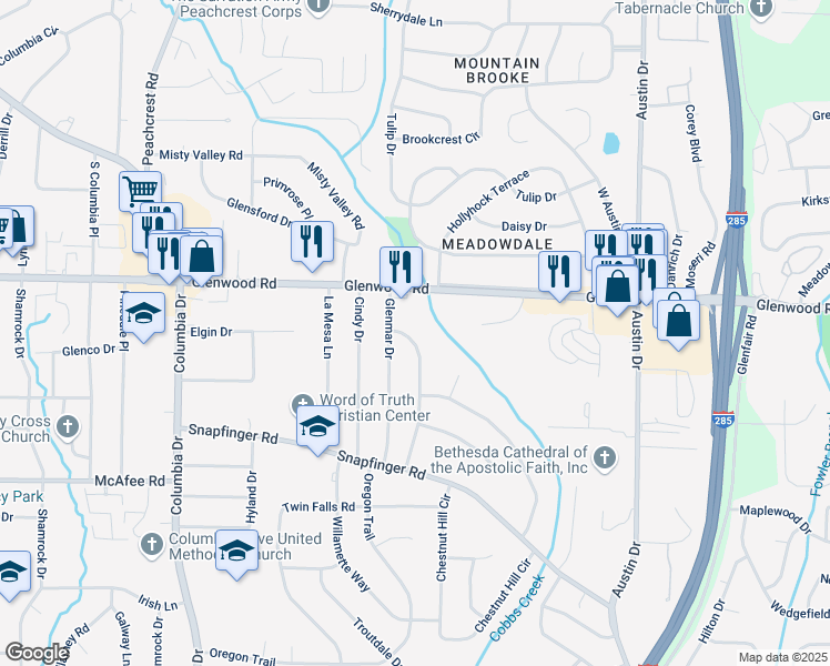 map of restaurants, bars, coffee shops, grocery stores, and more near 1870 Glen Echo Drive in Decatur