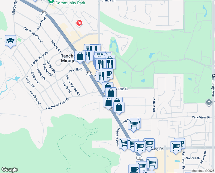 map of restaurants, bars, coffee shops, grocery stores, and more near 72000 Magnesia Falls Drive in Rancho Mirage