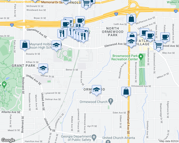 map of restaurants, bars, coffee shops, grocery stores, and more near 959 Berne Street Southeast in Atlanta